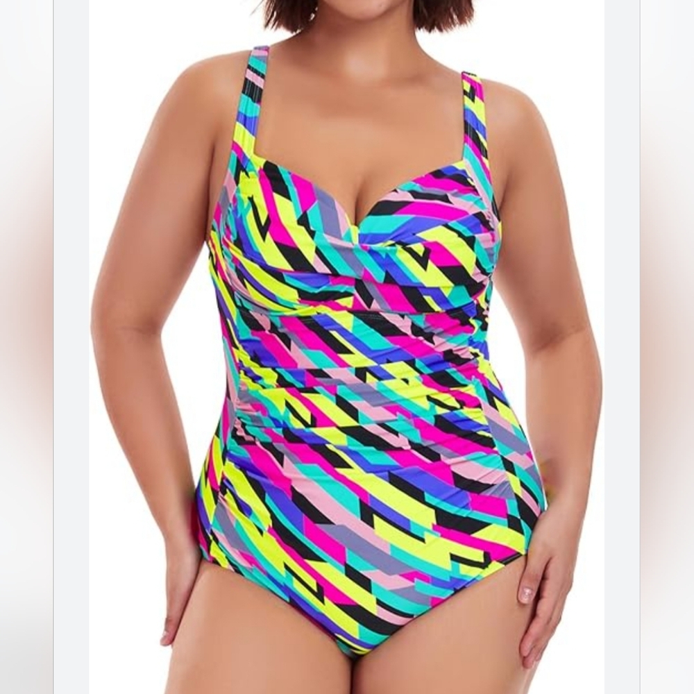 NWT Ocean Blues Neon Stripe Tummy Control One Piece Swimsuit Size Small